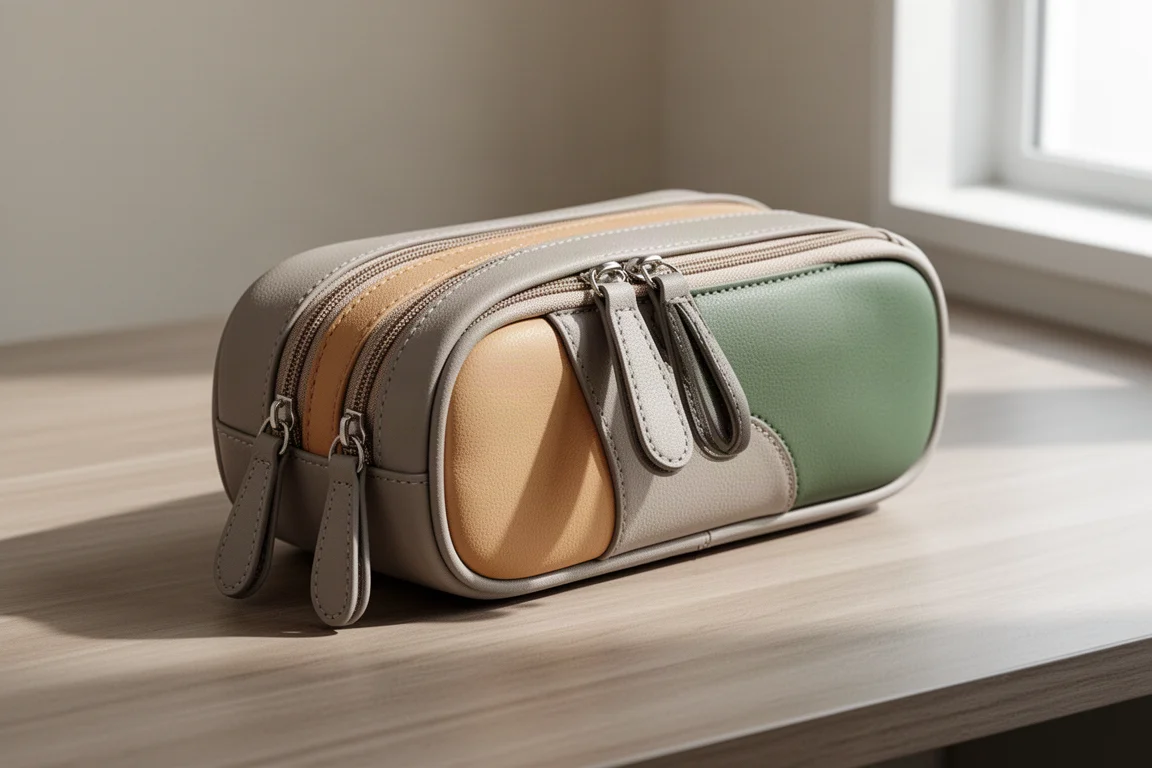 Greige two-tone PU leather pen case with green side panel on a wooden desk