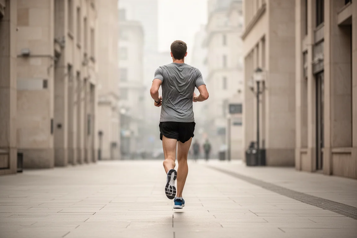 Un runner che si avvia a una corsa leggera mattutina lungo un marciapiede cittadino tranquillo