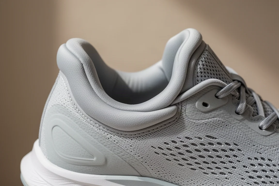 Primo piano del colletto imbottito di una scarpa da running e della tomaia in mesh ventilata