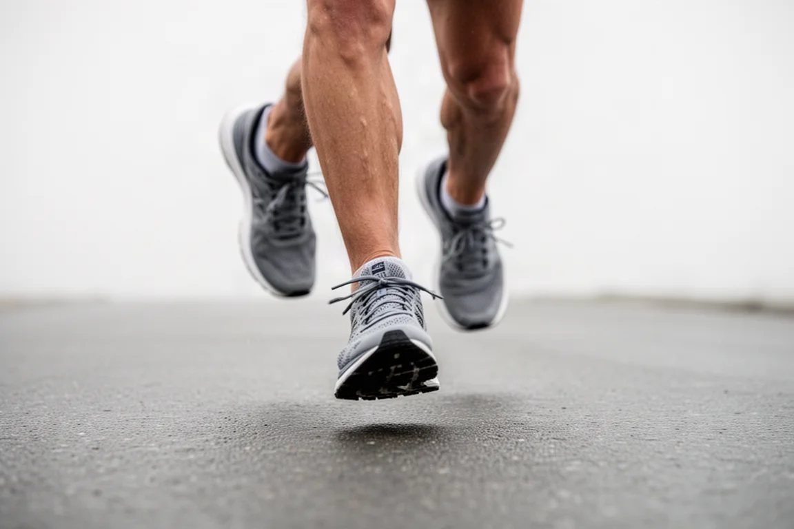 Piedi di un runner a metà falcata su asfalto compatto a ritmo facile