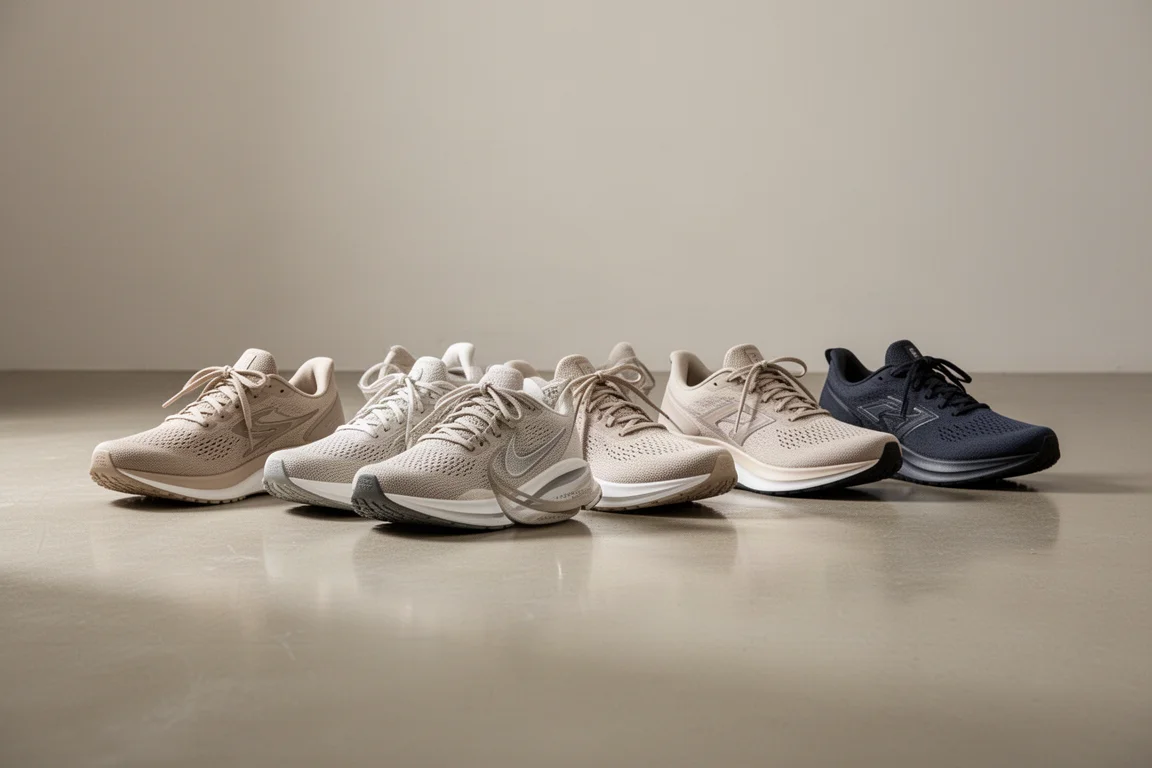 Scarpe da running allineate fianco a fianco su un pavimento chiaro per il confronto