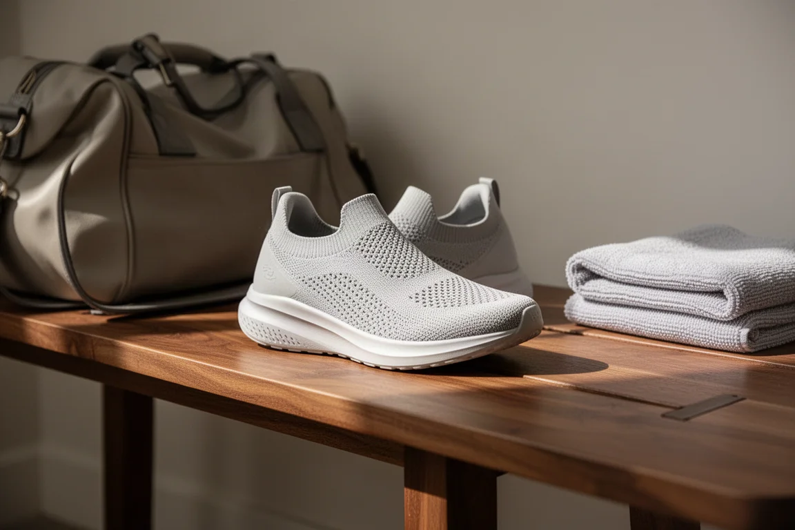 Scarpa da running da donna con upper in maglia senza cuciture appoggiata su una panchina di legno dopo una corsa