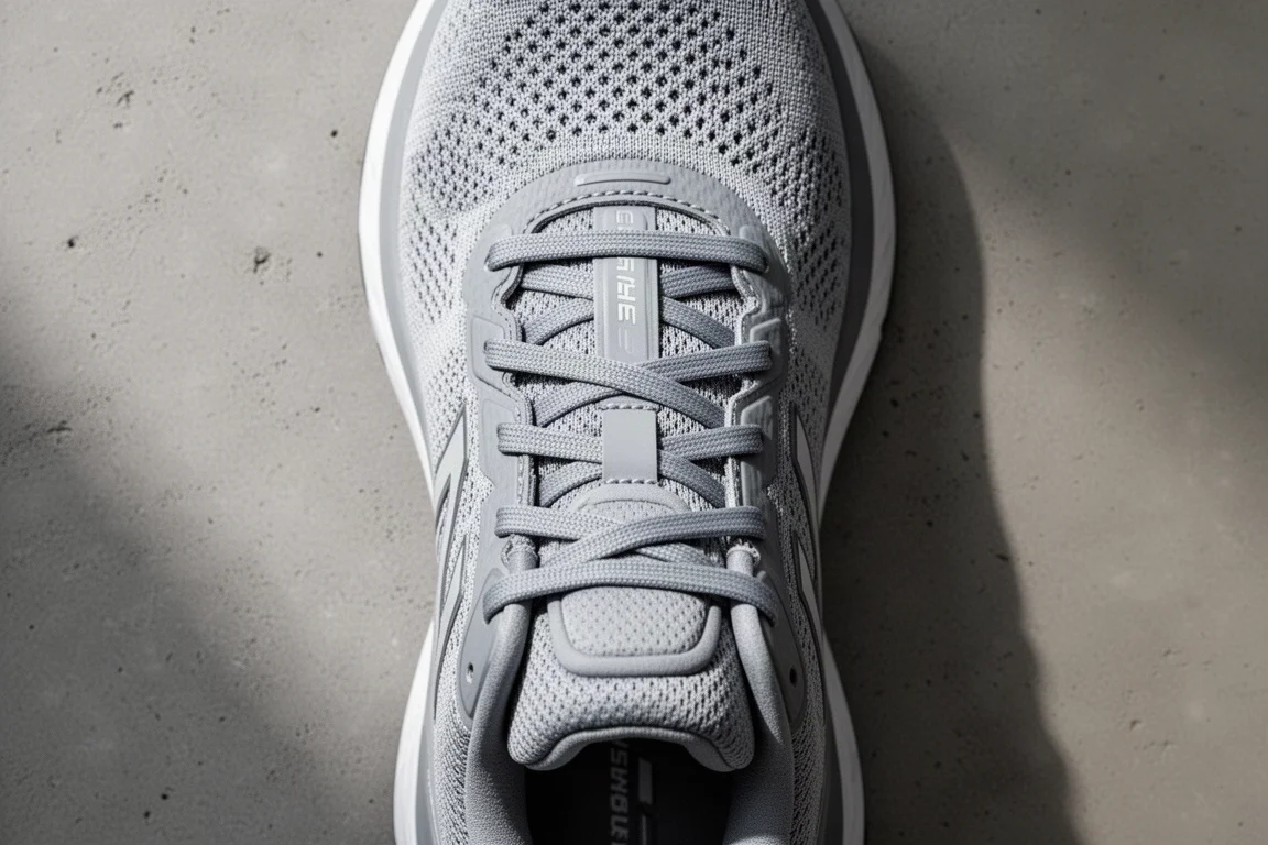 Dettaglio in flat-lay dei lacci e della linguetta di una scarpa da running su sfondo neutro