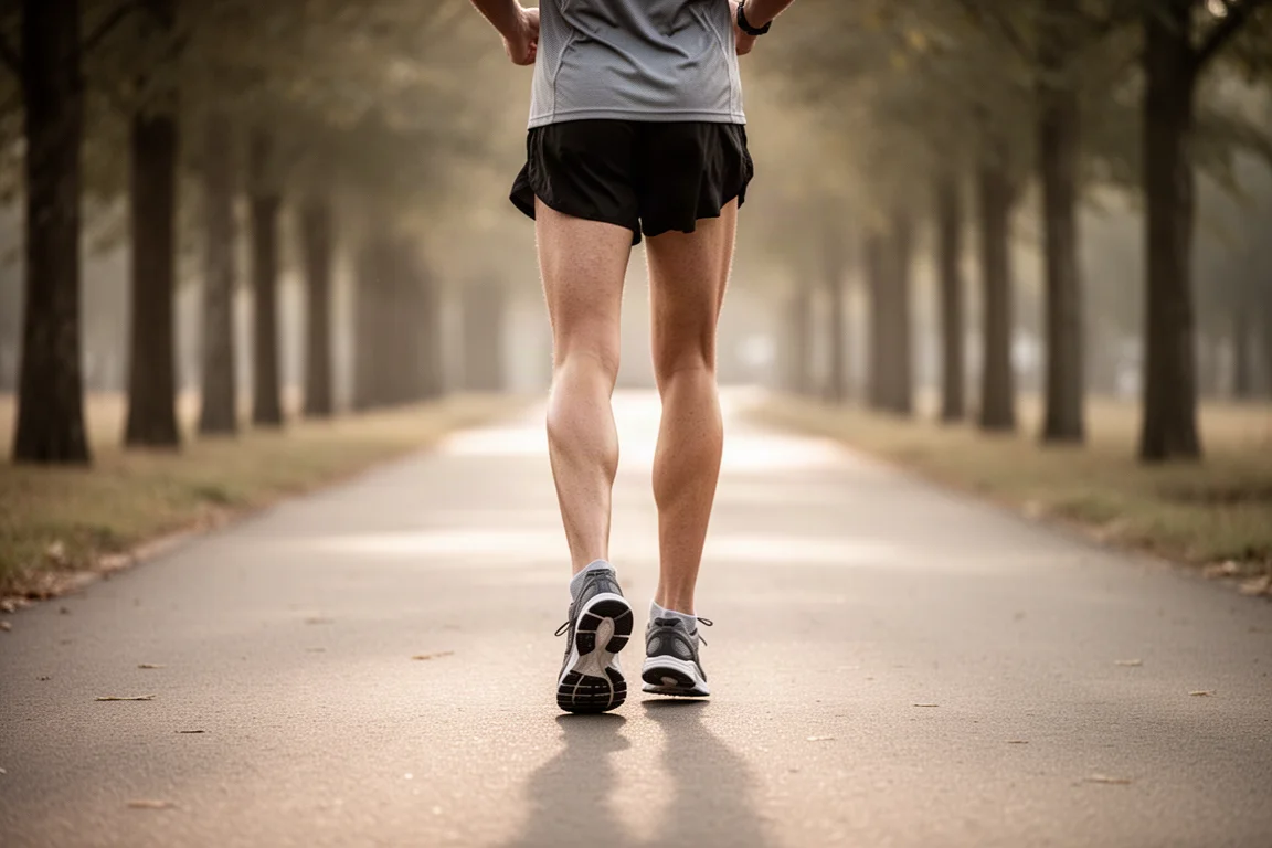 Corridore in pausa su un tranquillo viale asfaltato nella luce soffusa del tardo pomeriggio