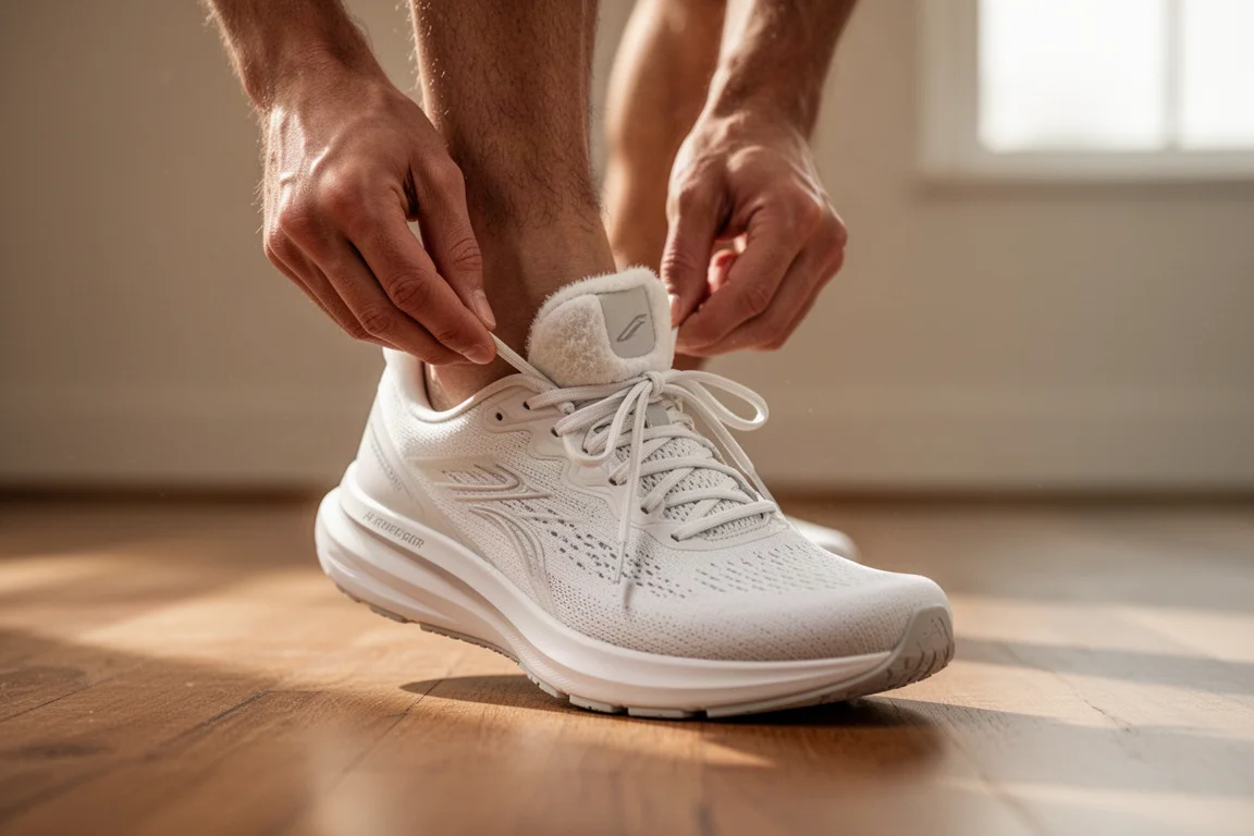 Una corredora atándose una zapatilla de running totalmente blanca sobre un suelo de madera antes de un rodaje suave