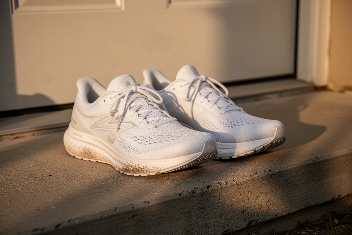 Zapatillas de running apoyadas en un escalón de puerta tras un rodaje suave a la hora dorada