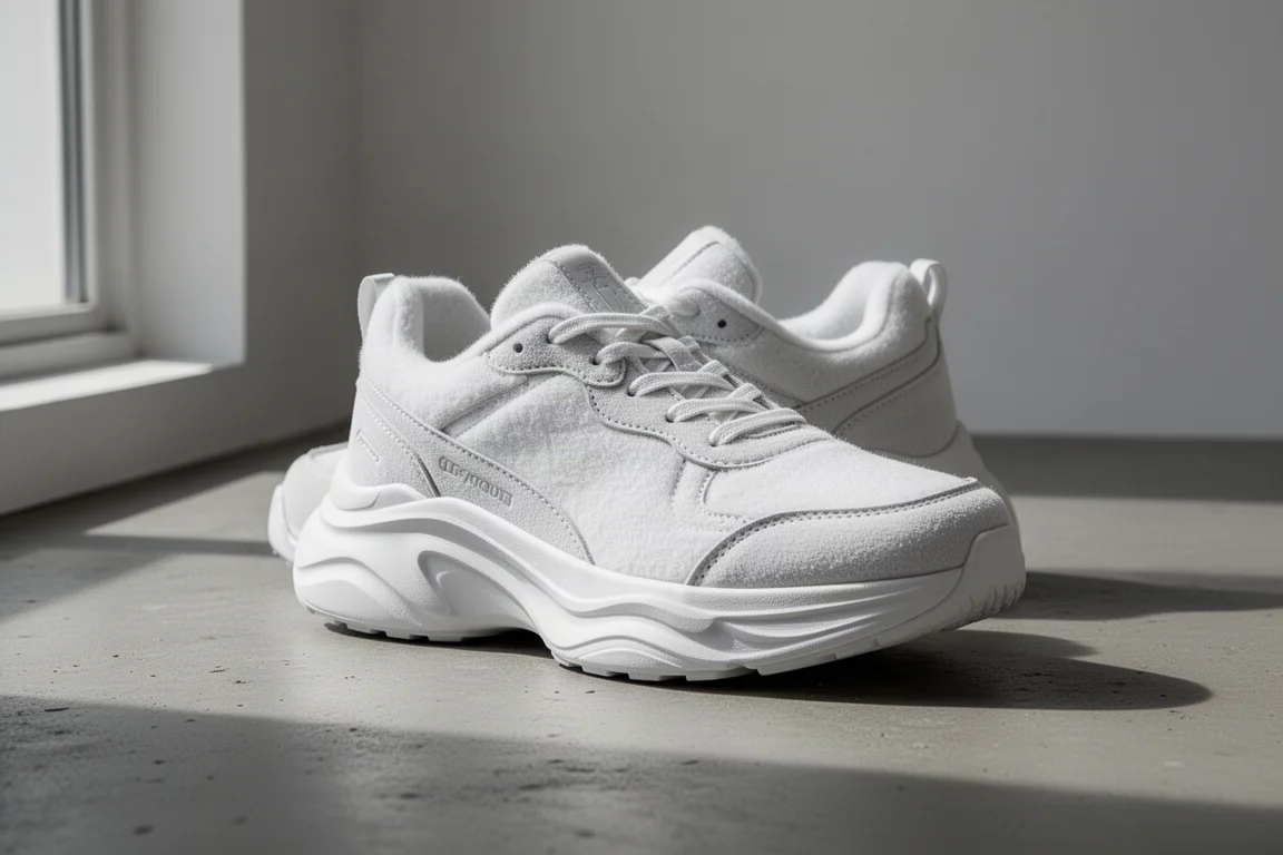 All-white Lululemon Blissfeel running shoe on a concrete surface