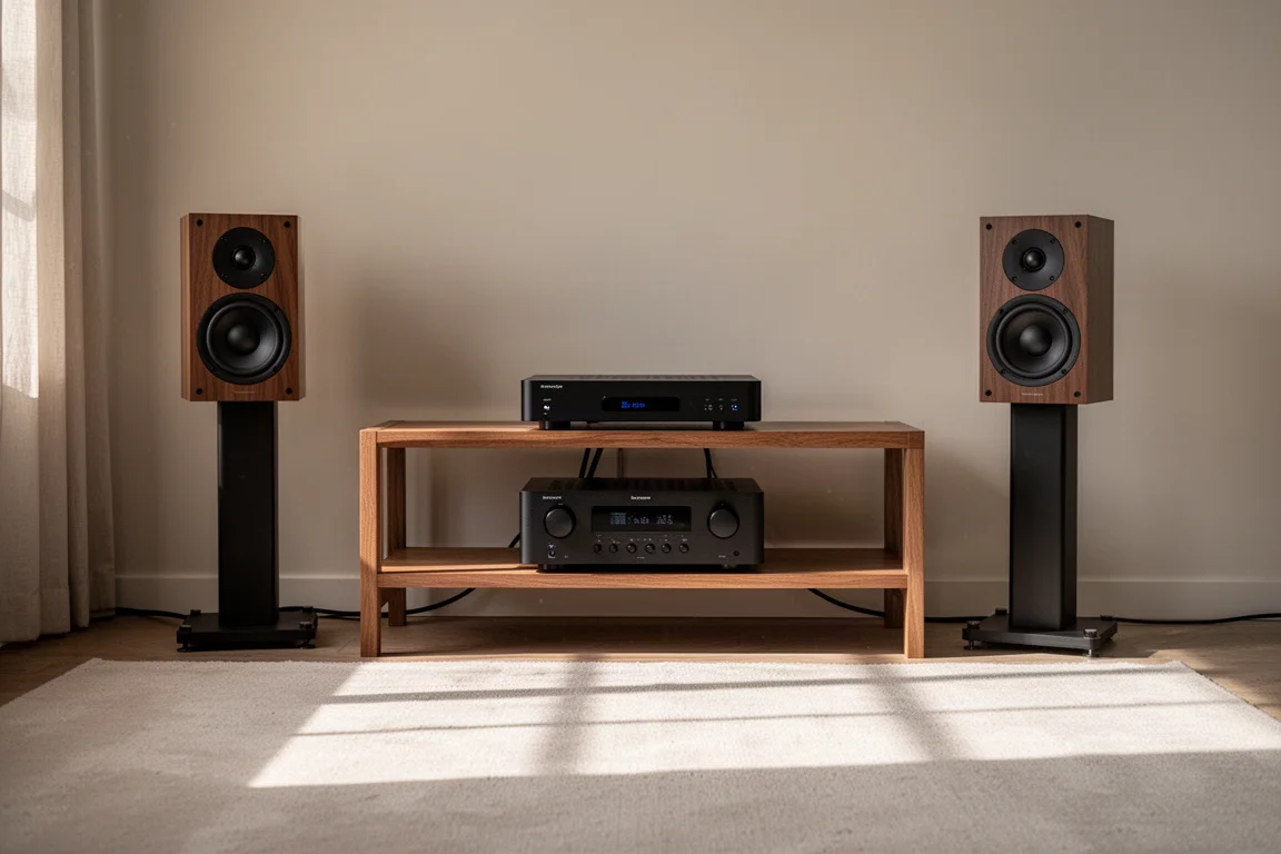 Kompakt hi-fi-streaminguppsättning på en trähylla med högtalare i sena eftermiddagsljuset