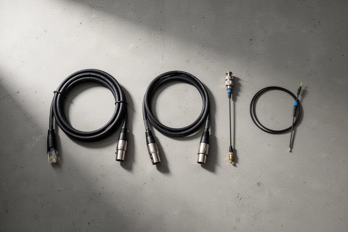 Ovanifrån platt layout av Ethernet-, XLR-, BNC- och optiska kablar på betong