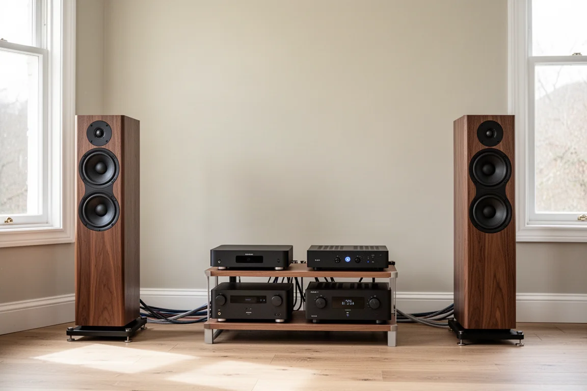 Ljust vardagsrum med golvhögtalare och ett lågt hi-fi-rack
