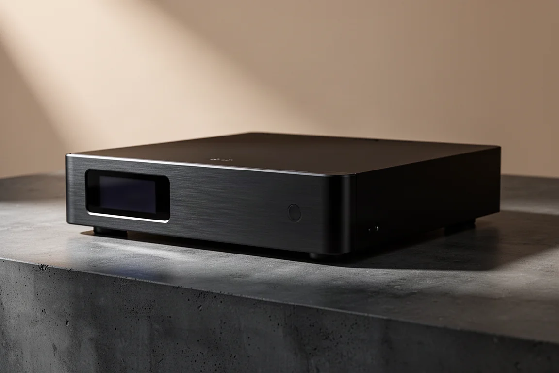 Slim black network streaming transport with contoured aluminium front panel and OLED display