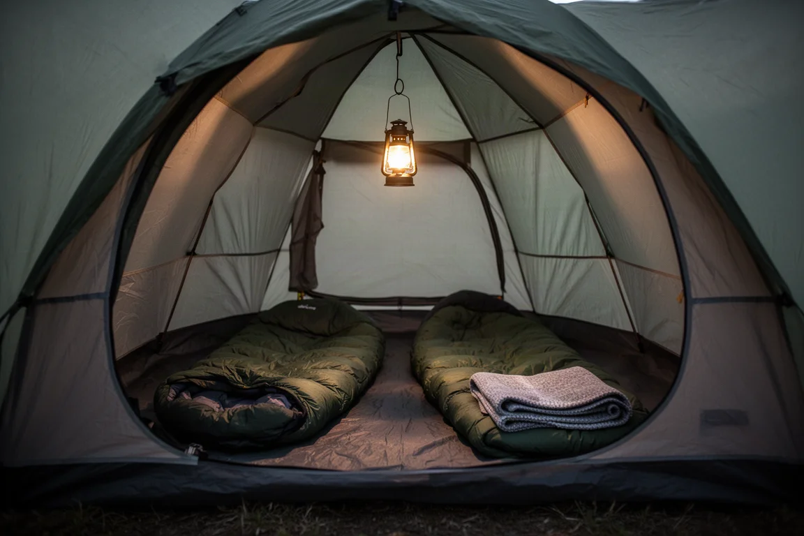 Interior of a dome tent at dusk lit by a small glowing lantern hanging from the ceiling loop