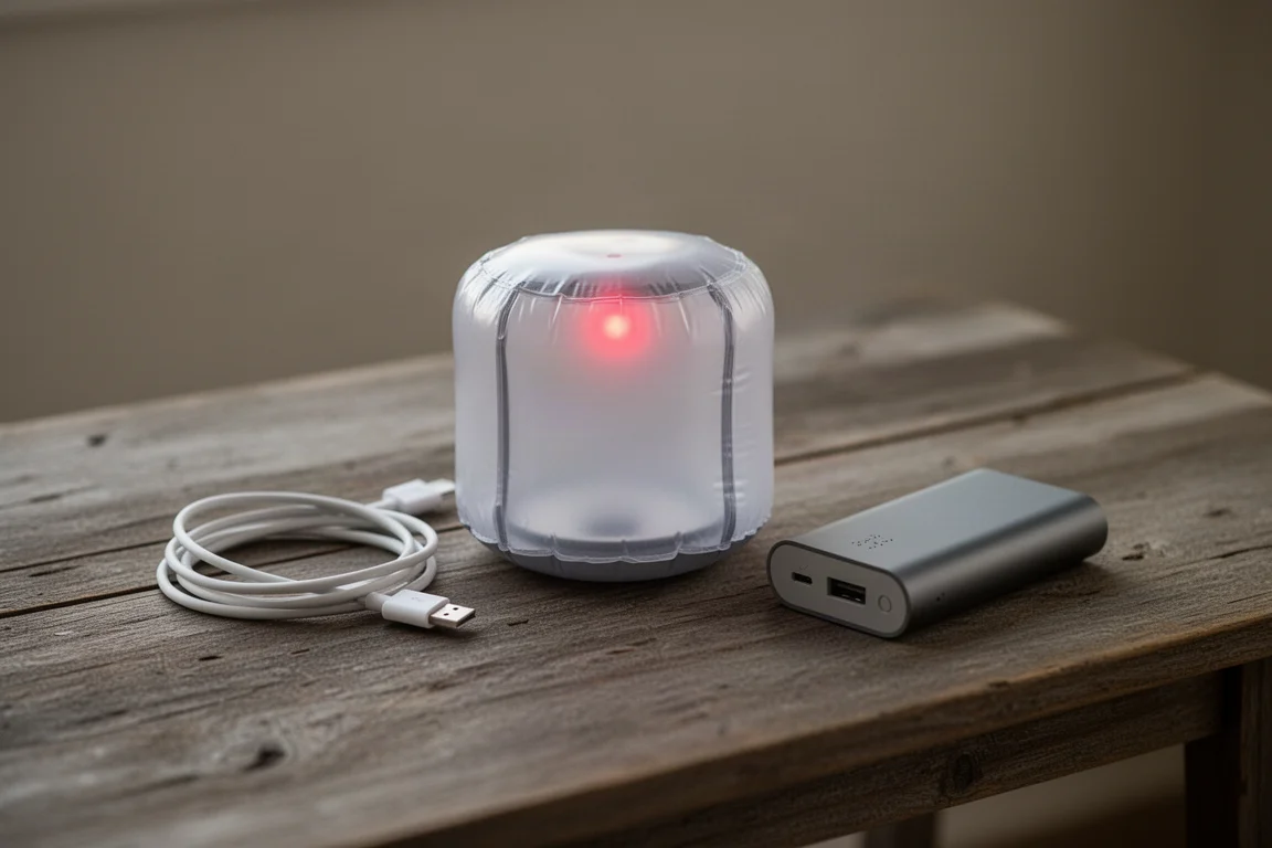 Inflatable lantern on a wooden table beside a coiled cable with a red charging light glowing