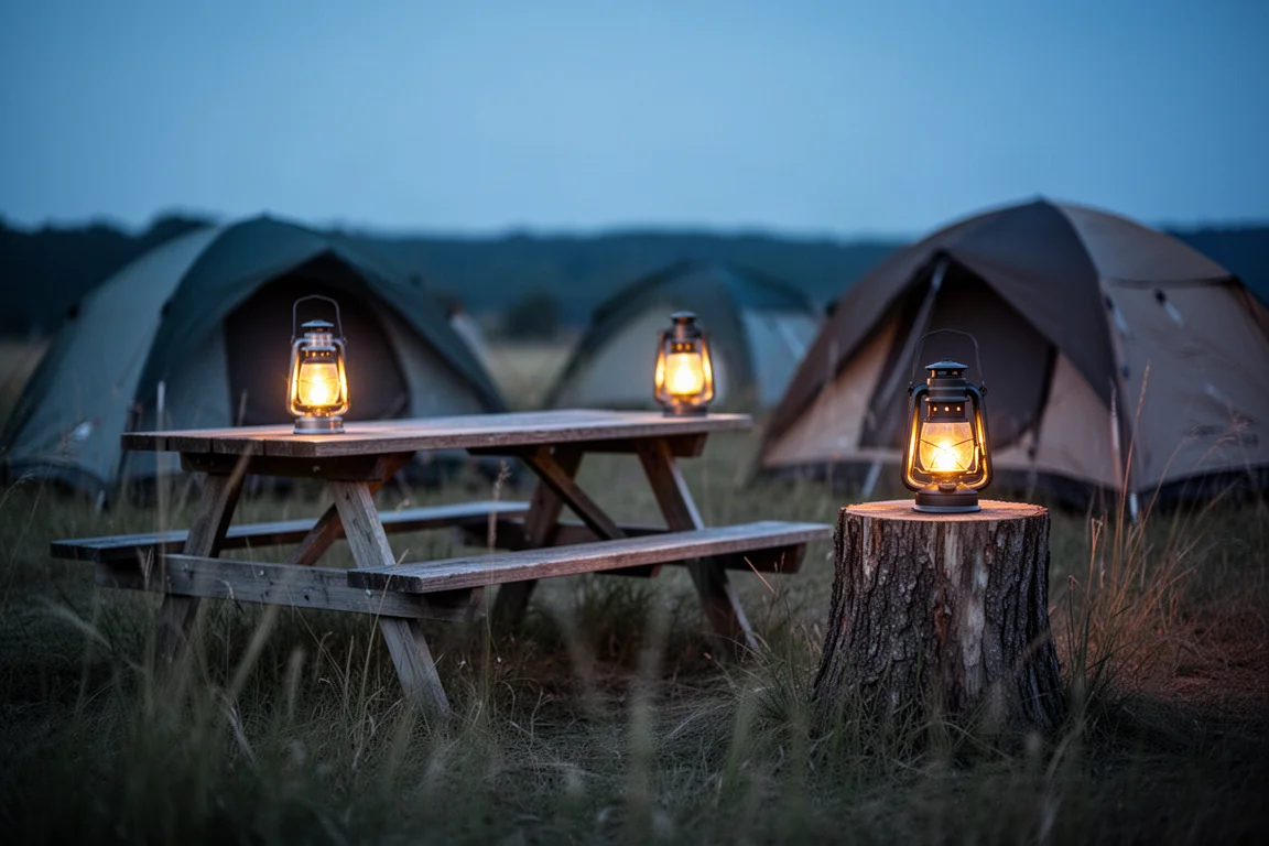Campsite clearing at blue hour with two glowing lanterns on a table and a tree stump