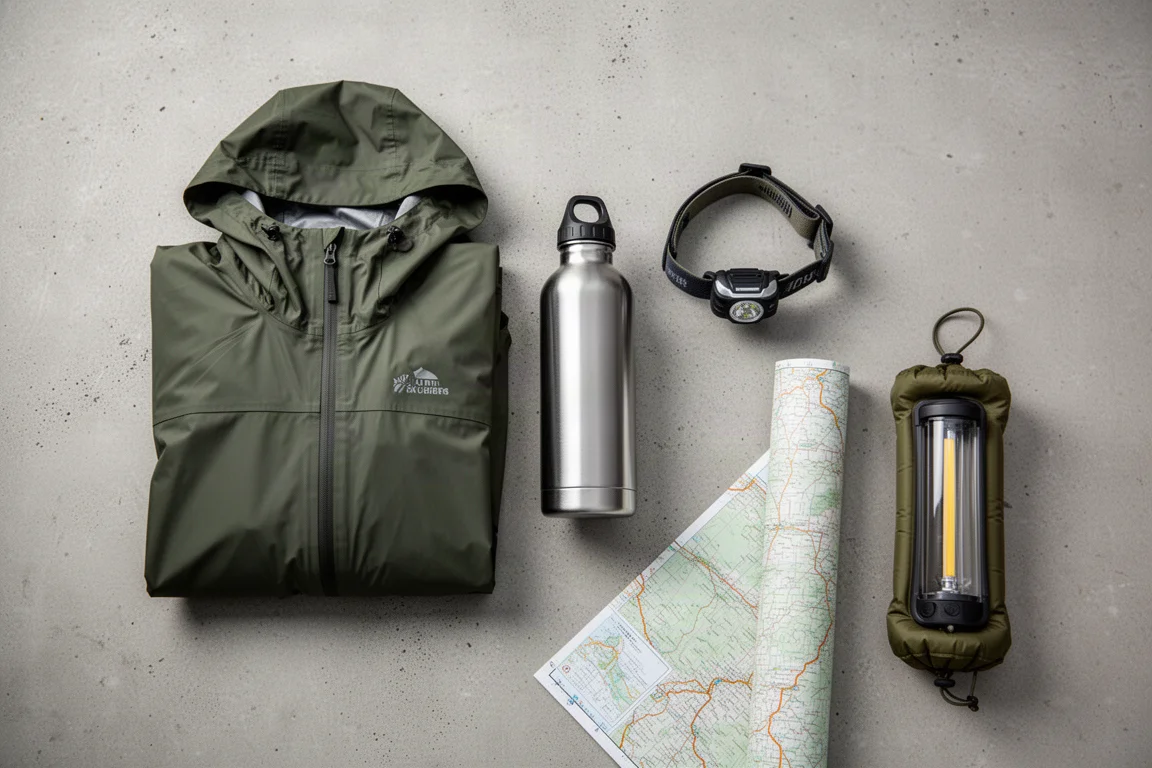 Overhead flat lay of camping gear including a folded jacket, bottle, headlamp and packed lantern