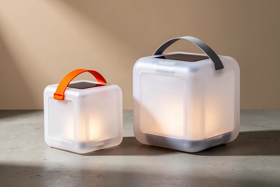 Two inflatable solar lanterns with frosted panels side by side on a concrete surface