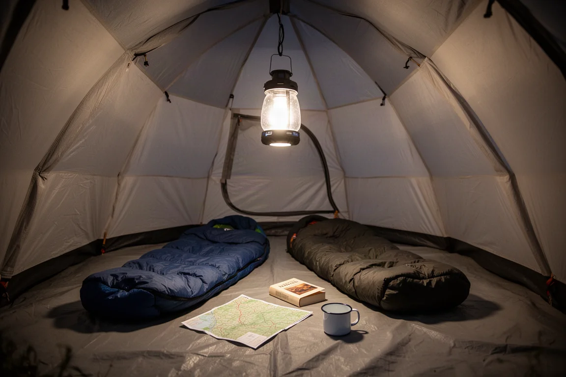 Interno di una tenda a cupola per sei persone di notte, illuminato da una sola lanterna gonfiabile appesa