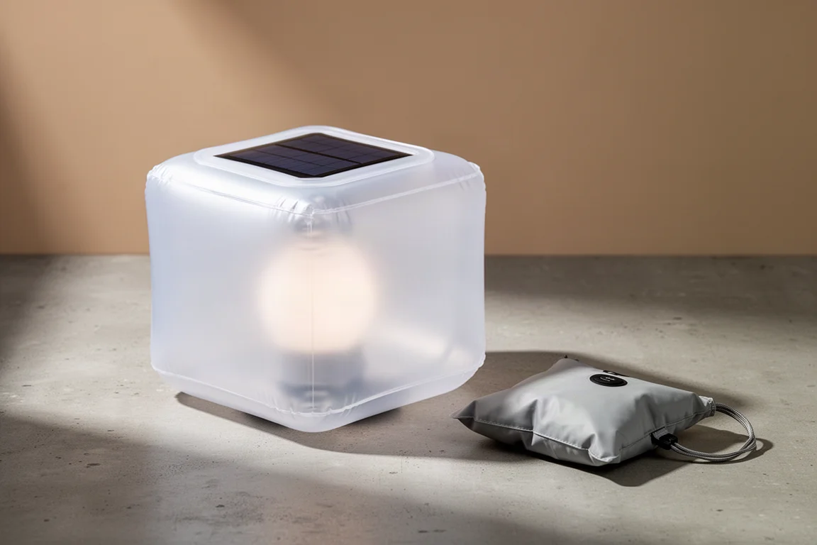 Cube-shaped inflatable solar camping lantern shown inflated beside its collapsed flat profile