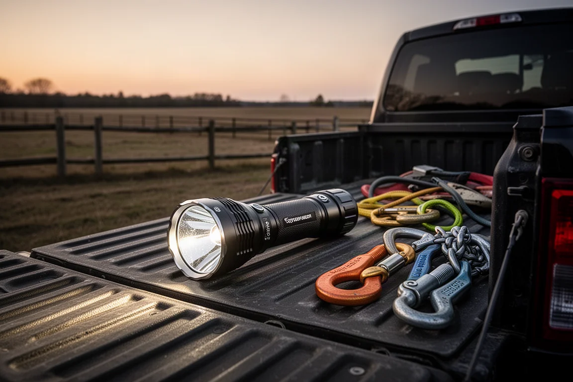 Searchlight portatile riposto nel piano di caricamento di un pickup al crepuscolo
