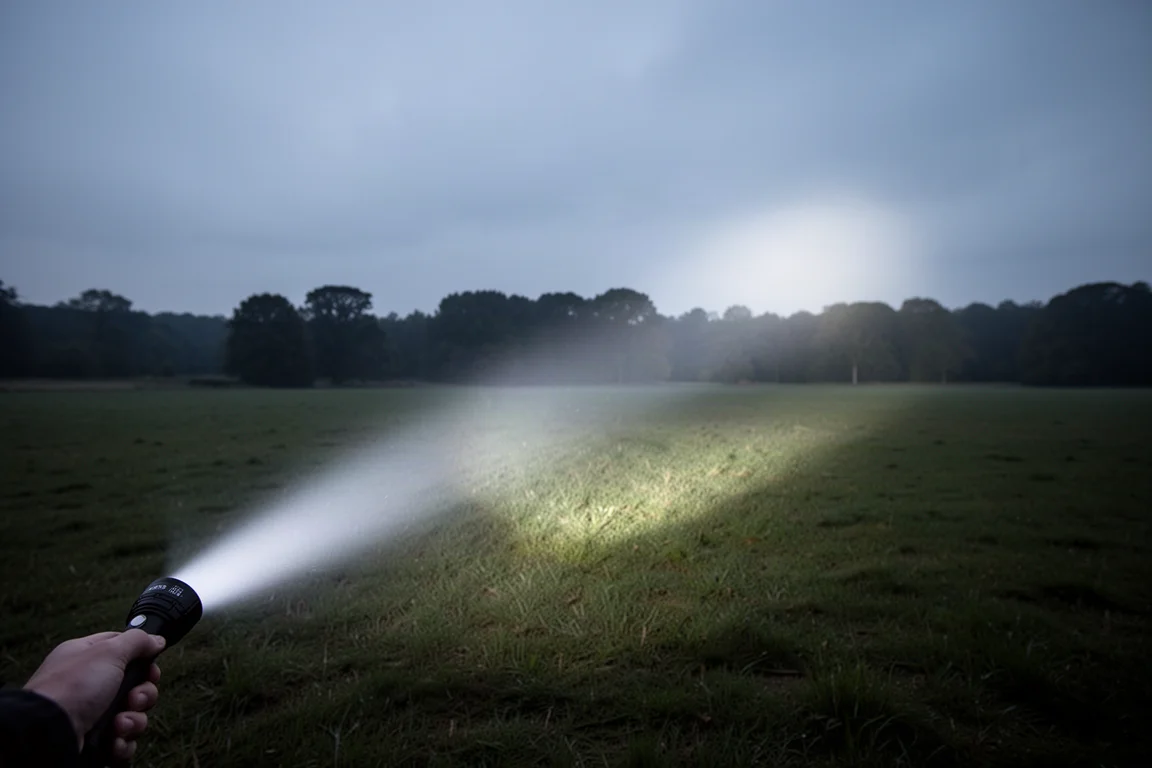 Lanterna na mão projetando um feixe amplo de luz sobre um campo aberto ao entardecer
