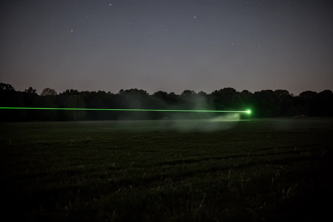 Ponto de laser verde atravessando um campo escuro em direção a uma linha de árvores distante