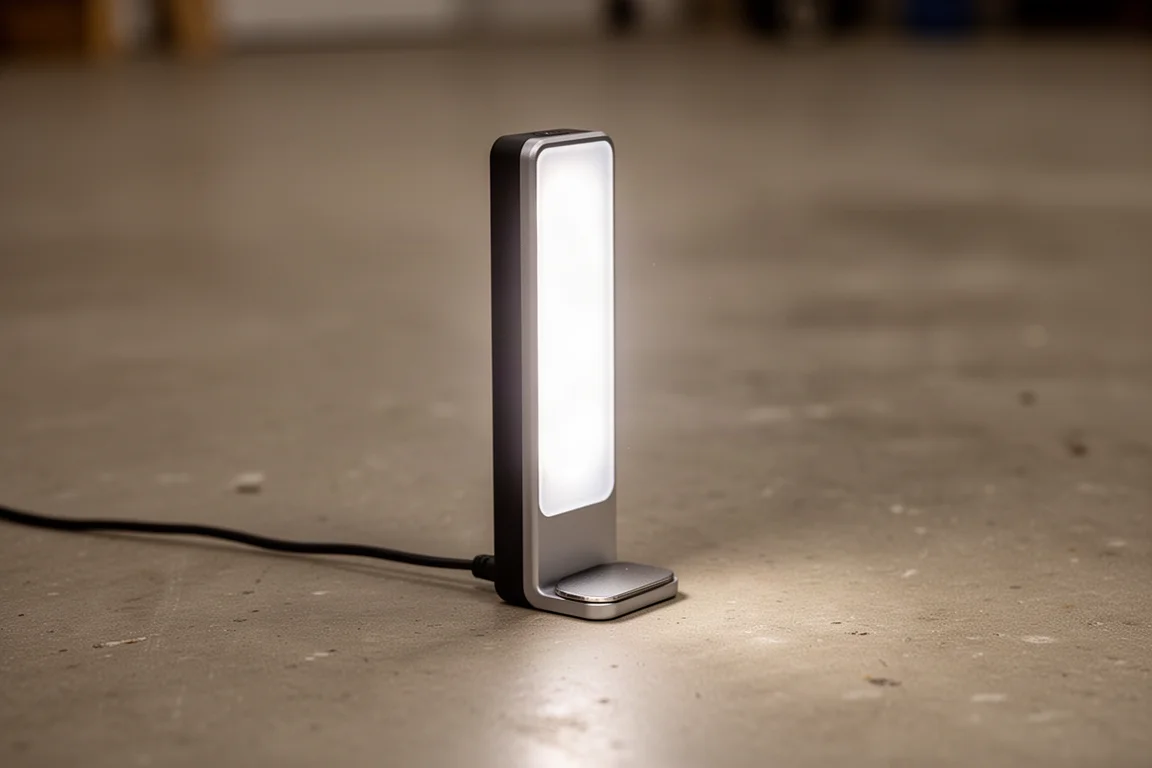 Lanterna apoiada em sua base plana emitindo uma luz de trabalho branca quente e suave para cima