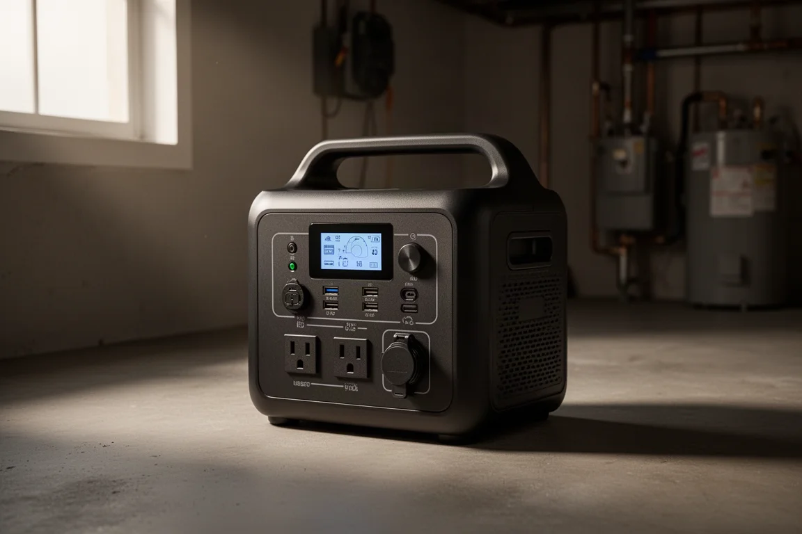 Compact black portable power station with display and outlets on concrete floor