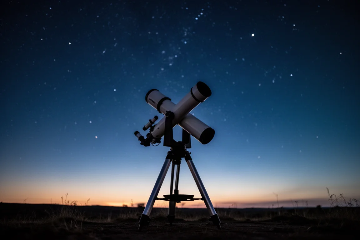 望遠鏡於清幽黑暗地點指向繁星夜空