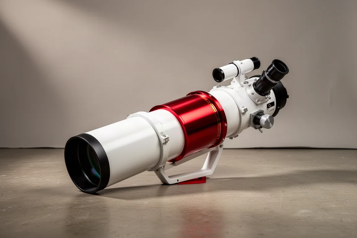 White solar telescope with red anodized etalon chamber on a neutral studio backdrop