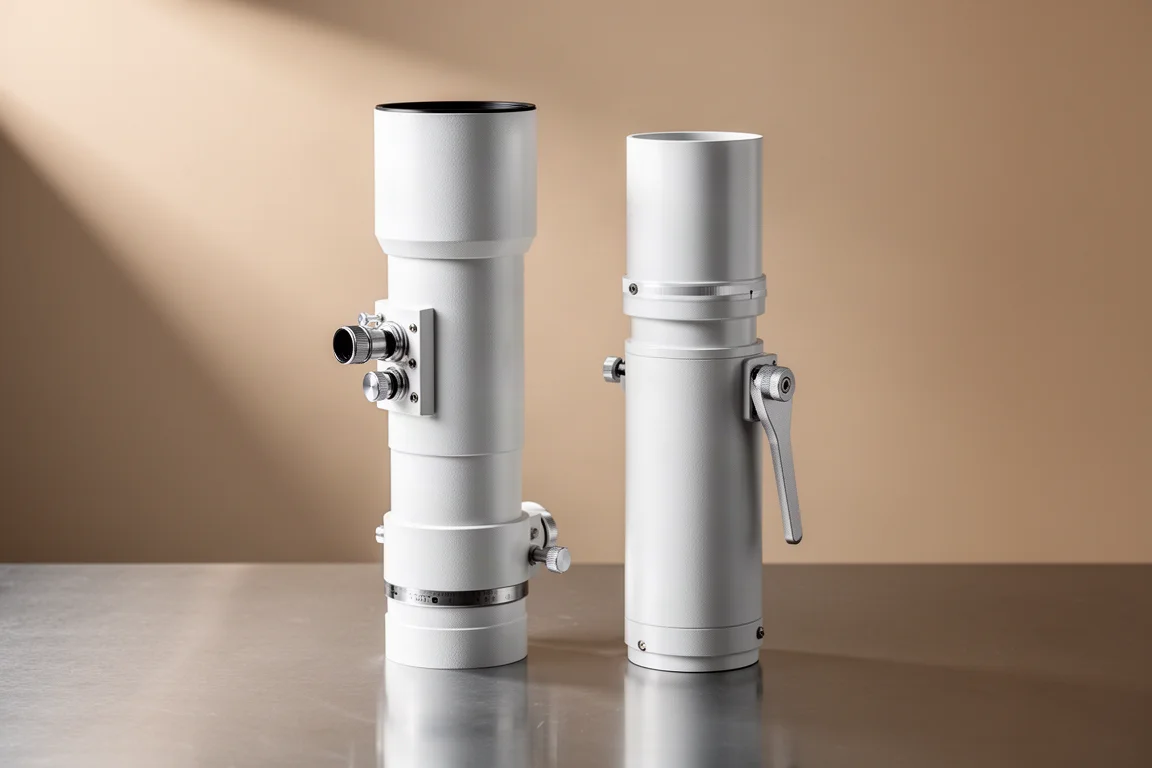 Two white solar telescopes side by side on a brushed aluminium surface