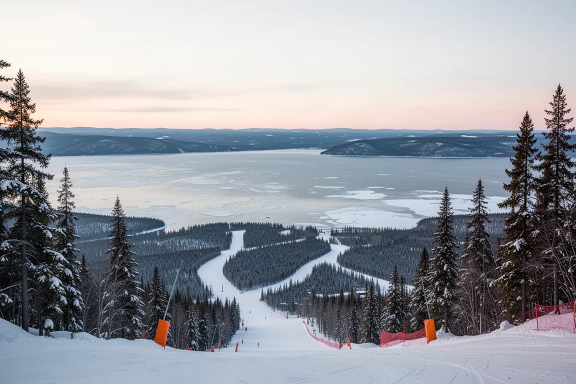 Piste da sci sopra la superficie ghiacciata del Lake Superior in una luce invernale soffusa