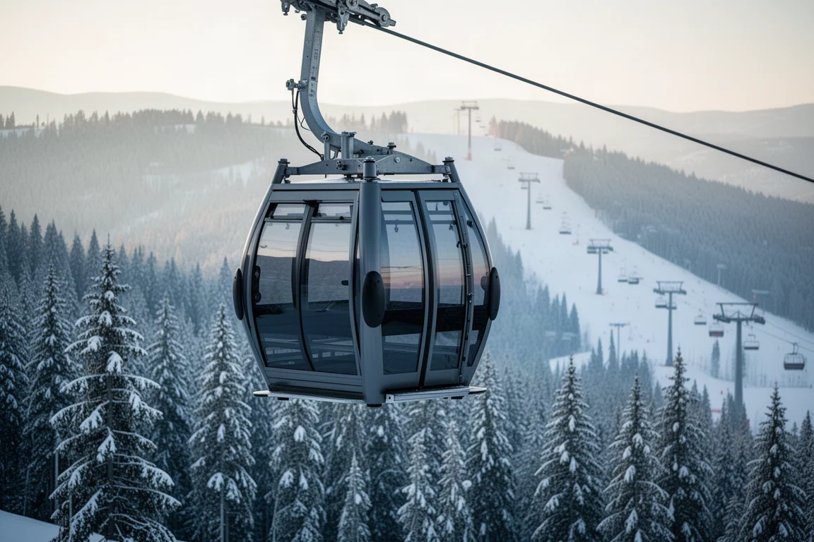 Cabina della funivia a gondola da otto posti che scorre sopra piste innevate tra boschi