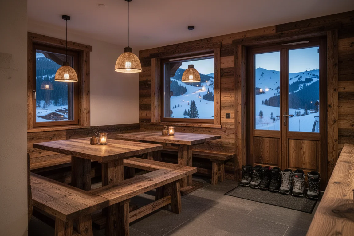 Interno accogliente di uno chalet con sedute in stile taverna e allestimento per musica dal vivo