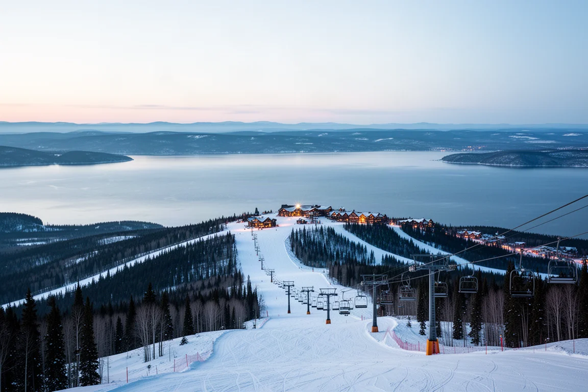 Ski resort slopes above Lake Superior at winter dusk