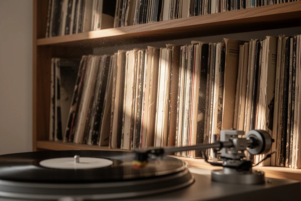 Vinyl records stored upright in a warm wooden shelf with a turntable in the foreground