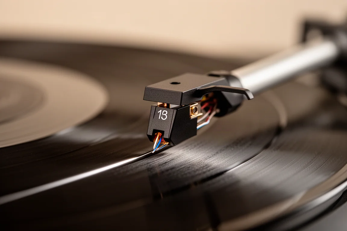 Close-up of a phono cartridge stylus resting in the groove of a vinyl record