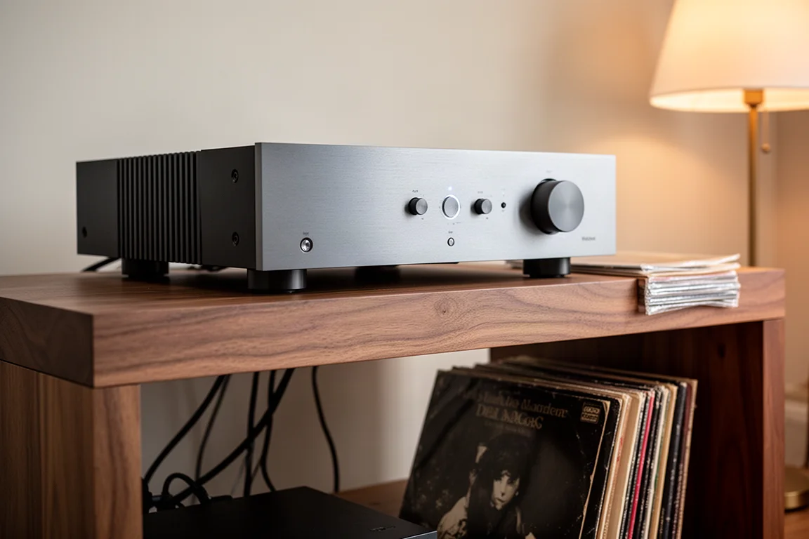 Heavy full-width audio component on a wooden rack shelf with cables routed behind