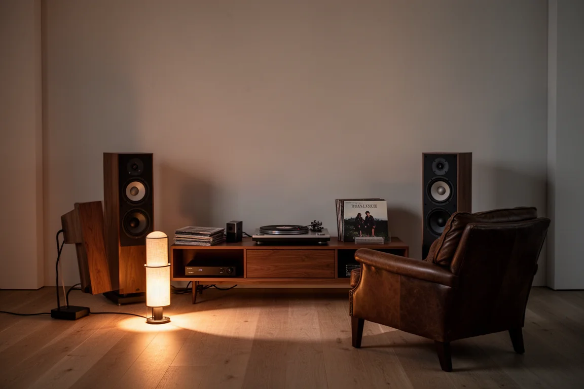 Listening room at dusk with turntable, floorstanding speakers and leather armchair