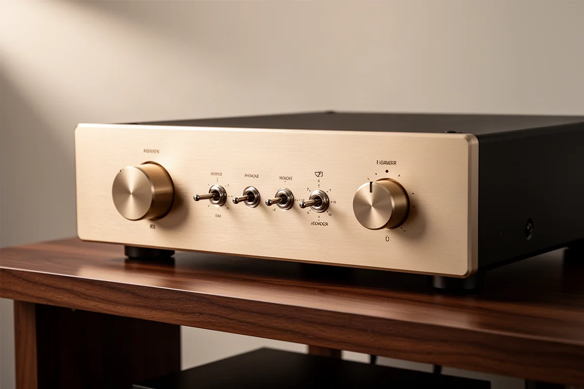 Solid-state phono preamplifier with brushed silver front panel on a walnut audio shelf