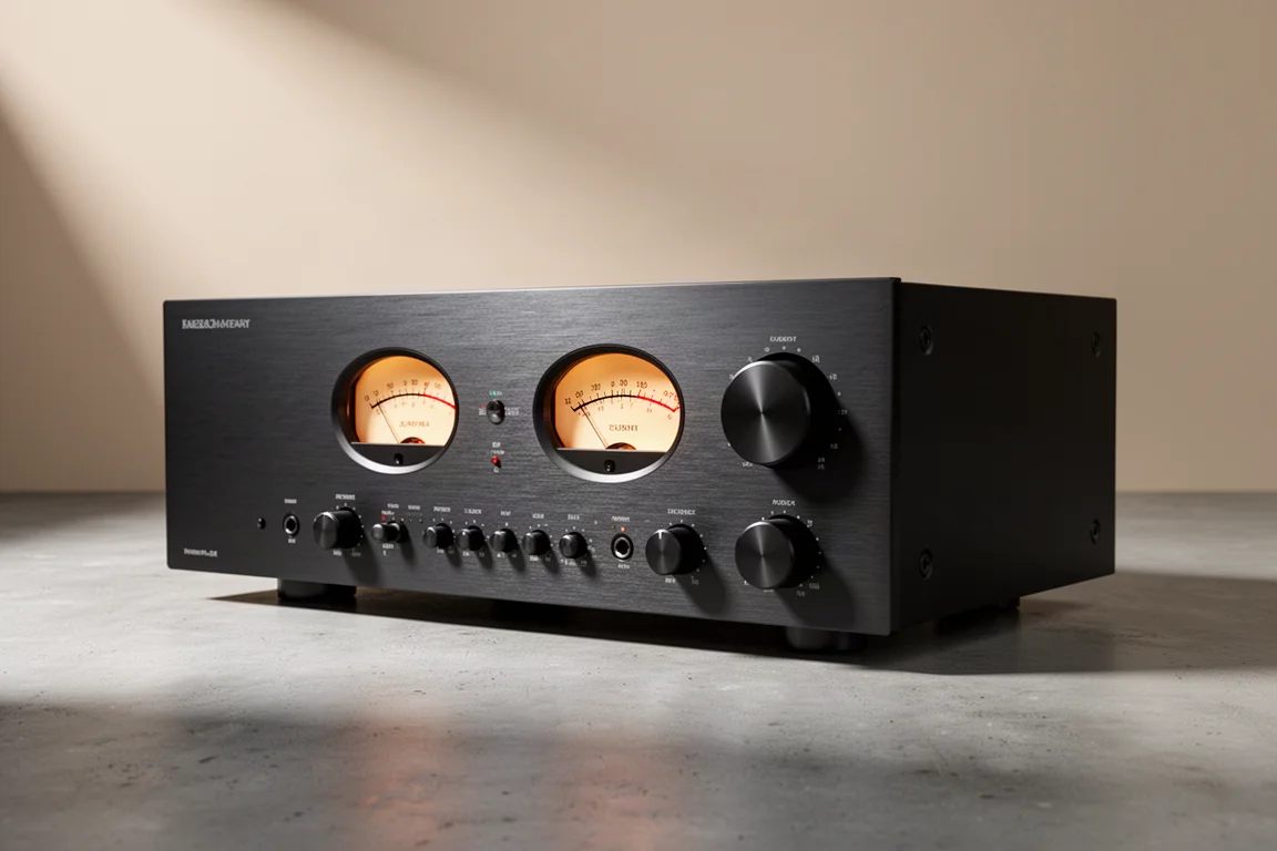 Full-size integrated stereo amplifier with analog VU meters and large knobs on a concrete surface