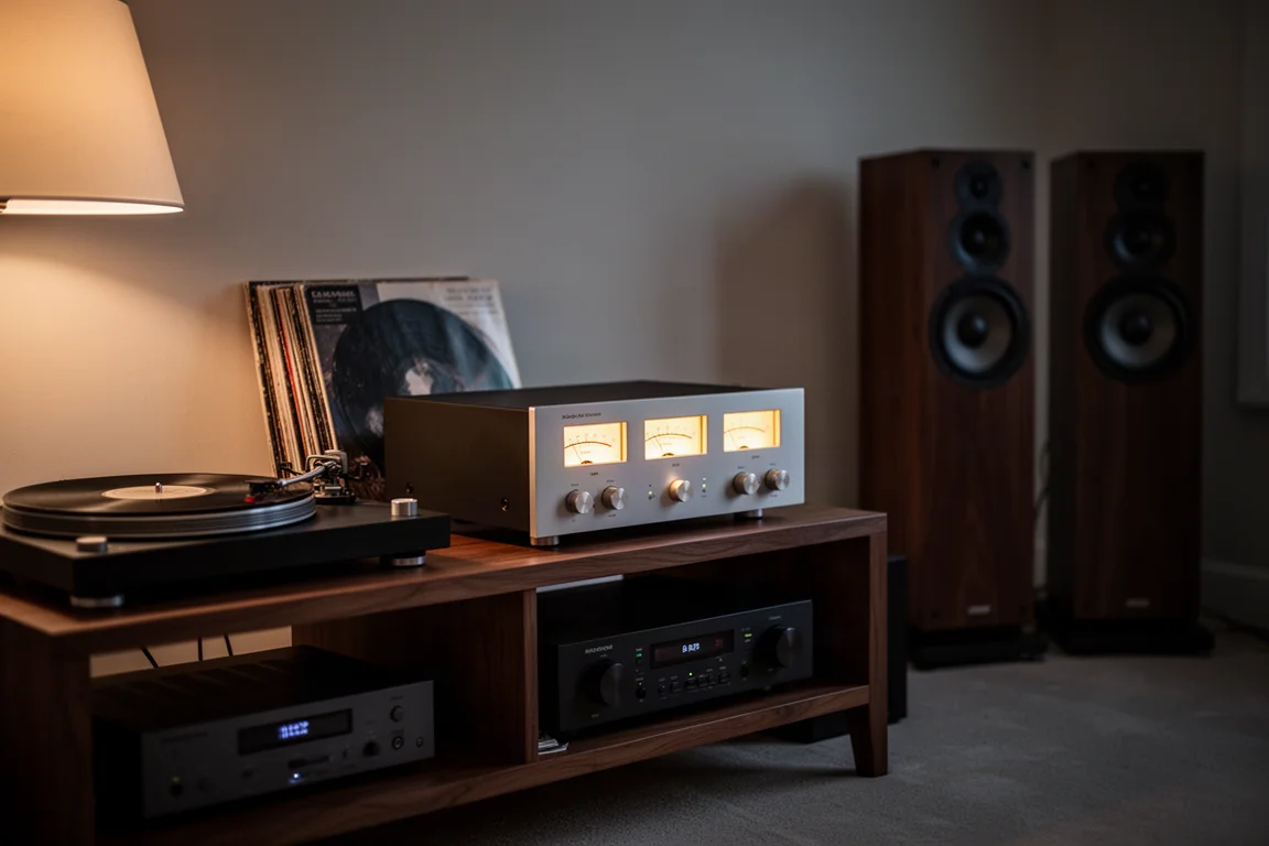 Sala d'ascolto al crepuscolo con amplificatore, giradischi, dischi in vinile e diffusori