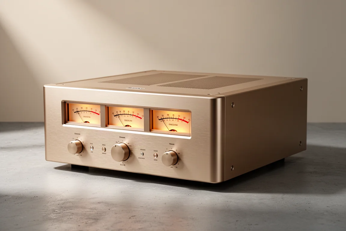 Large high-end stereo power amplifier with analog meters on a matte concrete surface