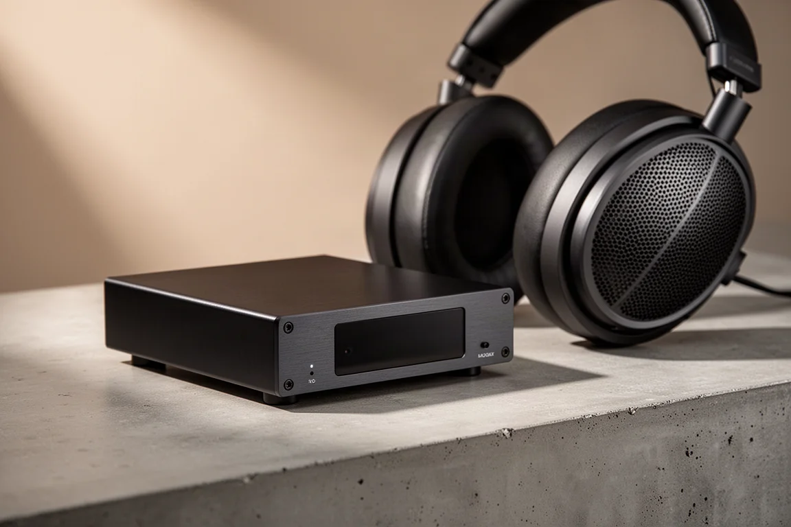 Compact desktop headphone amplifier and DAC beside planar magnetic headphones on concrete