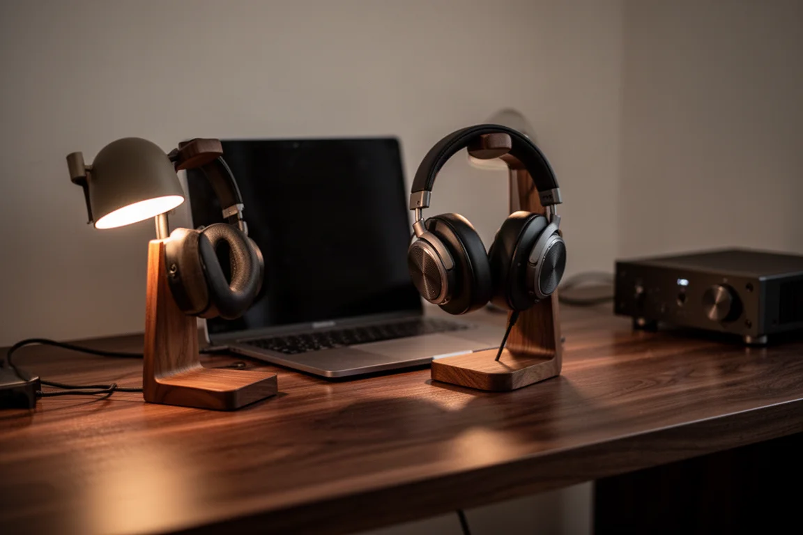 Canto de escuta noturno em mesa com fones over-ear em suporte de madeira e luz de abajur quente