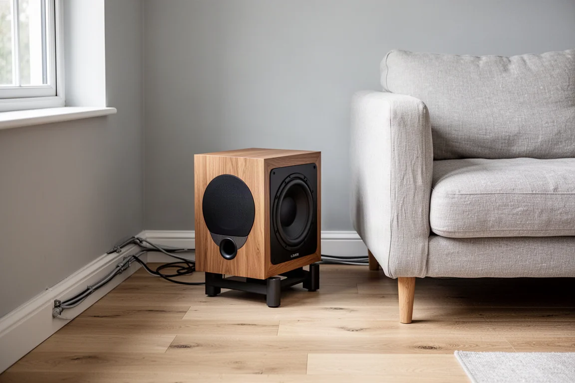 Subwoofer compacto no piso de carvalho claro em um canto de sala minimalista