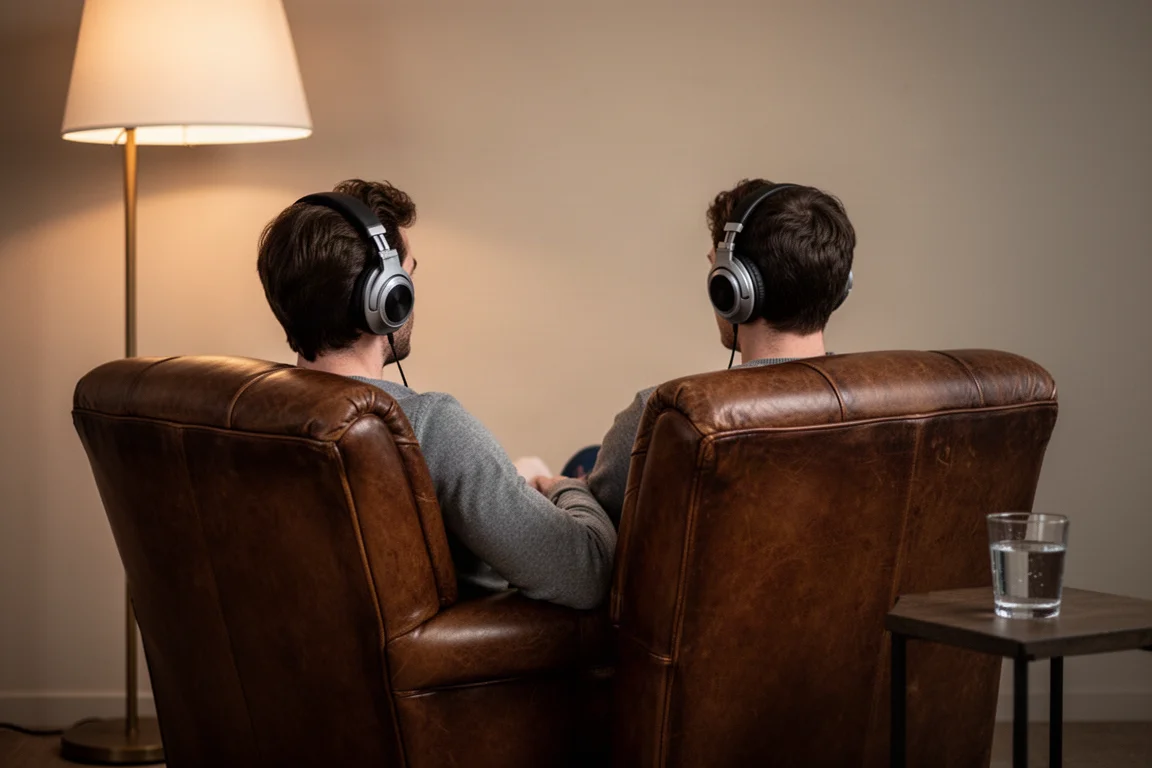 Ouvinte em poltrona usando fones over-ear grandes sob luz quente de fim de tarde