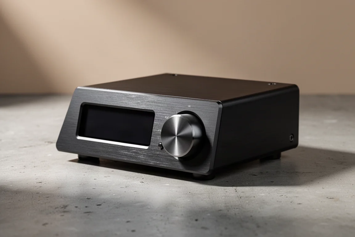 Compact dark aluminium desktop headphone amplifier with a large volume knob on a concrete surface