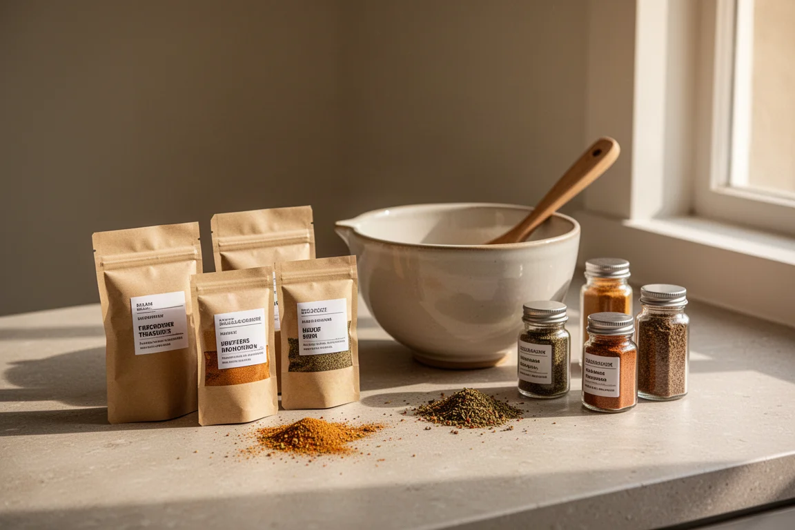 Small labelled spice pouches and jars arranged on a kitchen counter beside a mixing bowl