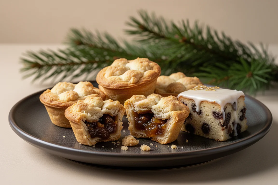 Mini mince pies and a small slice of Christmas cake on a festive serving plate