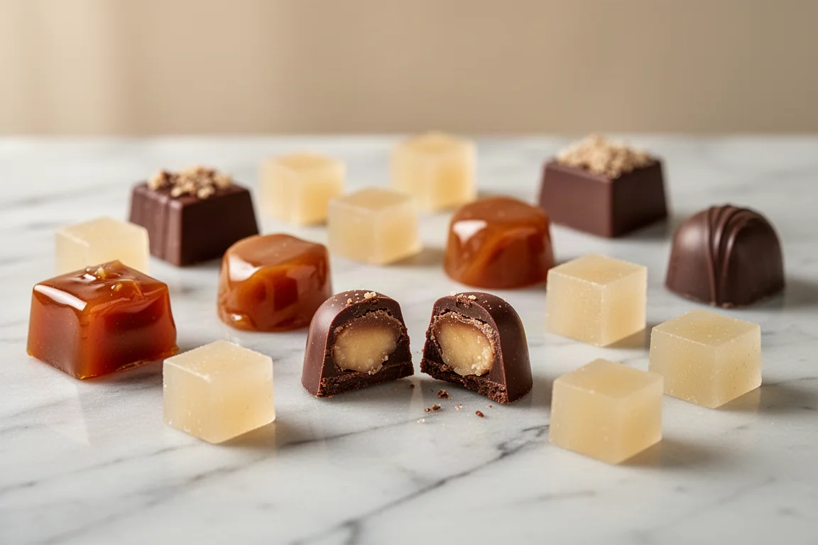 Assorted filled chocolates and candies arranged on an elegant pale marble surface